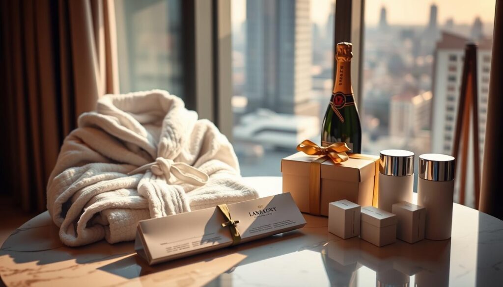 An elegant arrangement of complimentary upgrades for special occasions, captured in a timeless still-life setting. In the foreground, a plush hotel robe, a bottle of champagne, and a gift-wrapped box sit atop a marble tabletop, bathed in warm, diffused lighting. In the middle ground, a meticulously folded flight voucher and a set of luxury bath amenities suggest the thoughtful perks awaiting the seasoned traveler. The background features a blurred cityscape view through a large window, hinting at the broader scope of memorable experiences to come. The overall composition exudes a sense of indulgence and anticipation, perfectly embodying the "Seasoned Traveler's Guide to Special Occasion Perks." An elegant arrangement of complimentary upgrades for special occasions, captured in a timeless still-life setting. In the foreground, a plush hotel robe, a bottle of champagne, and a gift-wrapped box sit atop a marble tabletop, bathed in warm, diffused lighting. In the middle ground, a meticulously folded flight voucher and a set of luxury bath amenities suggest the thoughtful perks awaiting the seasoned traveler. The background features a blurred cityscape view through a large window, hinting at the broader scope of memorable experiences to come. The overall composition exudes a sense of indulgence and anticipation, perfectly embodying the "Seasoned Traveler's Guide to Special Occasion Perks."