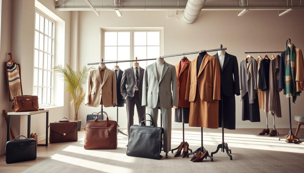 An elegant fashion scene showcasing the latest color trends for professional attire. In the foreground, a neatly arranged collection of tailored garments in a harmonious palette of muted earth tones, soft pastels, and sophisticated neutrals. The middle ground features a well-lit studio setting with natural lighting filtering through large windows, casting a warm, inviting glow. In the background, a tasteful selection of accessories like leather briefcases, silk scarves, and polished shoes complement the clothing pieces, creating a cohesive, aspirational visual. The overall mood is one of refined sophistication, highlighting how strategic color choices can elevate a business casual wardrobe.