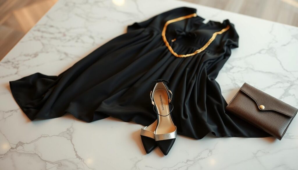 An elegant still life displaying a chic date night wardrobe and accessories. Centered on a marble tabletop, a flowing black cocktail dress, strappy high heels, a gold chain necklace, and a small leather clutch create a sophisticated fashion vignette. Soft, directional lighting illuminates the luxurious fabrics and metallic accents, casting gentle shadows. The background is blurred, hinting at a cozy, romantic ambiance. The overall scene evokes a sense of anticipation and effortless style, perfectly capturing the "Curated Product Roundup for Chic Date Night Outfits."