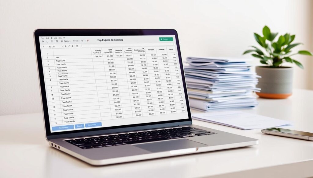 An expense tracker displayed on a clean, minimalist desktop. In the foreground, a sleek, modern laptop open to a detailed expense tracking spreadsheet, filled with carefully organized line items and totals. In the middle ground, a stack of neatly organized receipts and financial documents. The background features a soft, muted color palette, with hints of natural wood and a potted plant, conveying a sense of balance and organization. The lighting is soft and diffused, creating a calming, professional atmosphere. The overall scene emphasizes the importance of meticulously tracking expenses to gain a clear understanding of one's financial situation.