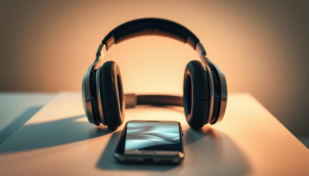 An exquisitely crafted pair of noise-cancelling headphones sits atop a sleek, minimalist desk, surrounded by a halo of soft, diffused lighting. The headphones' earcups are plush and enveloping, their glossy black finish complemented by metallic accents that gleam subtly. In the middle ground, a smartphone rests nearby, its screen displaying soothing abstract visuals, hinting at the immersive audio experience the headphones can provide. The background is bathed in a serene, out-of-focus ambiance, emphasizing the headphones as the central focus, a tranquil oasis in a busy world. Captured with a shallow depth of field and a warm, natural color palette, this image evokes a sense of quiet contemplation and the restorative power of personal audio technology.