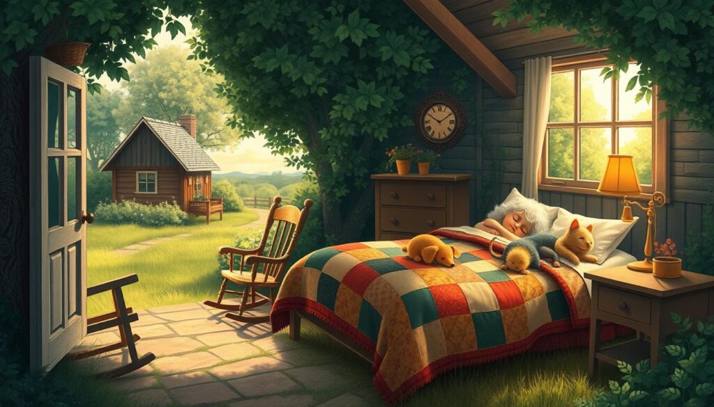 An idyllic country cottage nestled in a lush, verdant landscape, with a cozy porch and a rocking chair inviting rest. Through the open doorway, a charming bedroom scene unfolds: a large bed covered in a patchwork quilt, where an array of sleeping creatures - a drowsy granny, a cat, a dog, a mouse, and a child - are cozily tucked in, bathed in the soft, warm glow of a table lamp. Sunlight streams in from the window, casting a peaceful, dreamlike atmosphere. The overall scene evokes a sense of tranquility, comfort, and the joyful, intergenerational harmony of "The Napping House" by Audrey Wood.