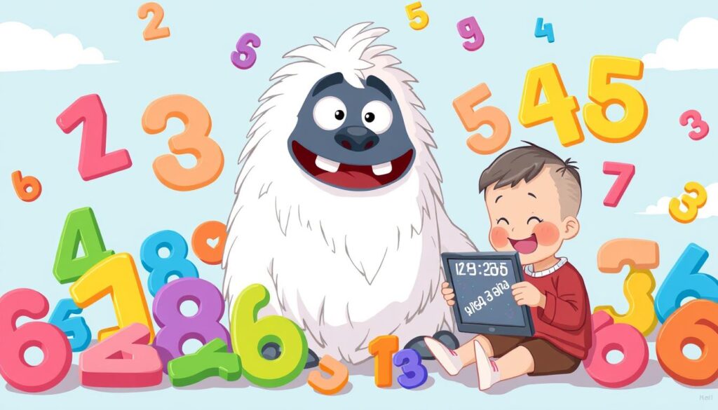 An image of a Yeti character with numbers around it, and a child counting on a device.