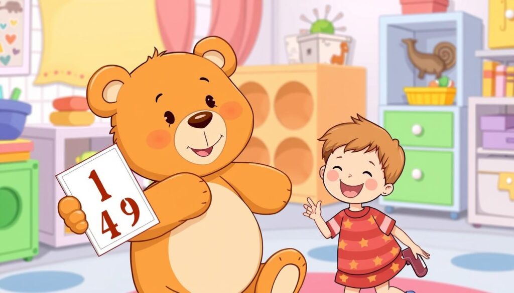An image of a teddy bear holding a number card, with a child counting along.