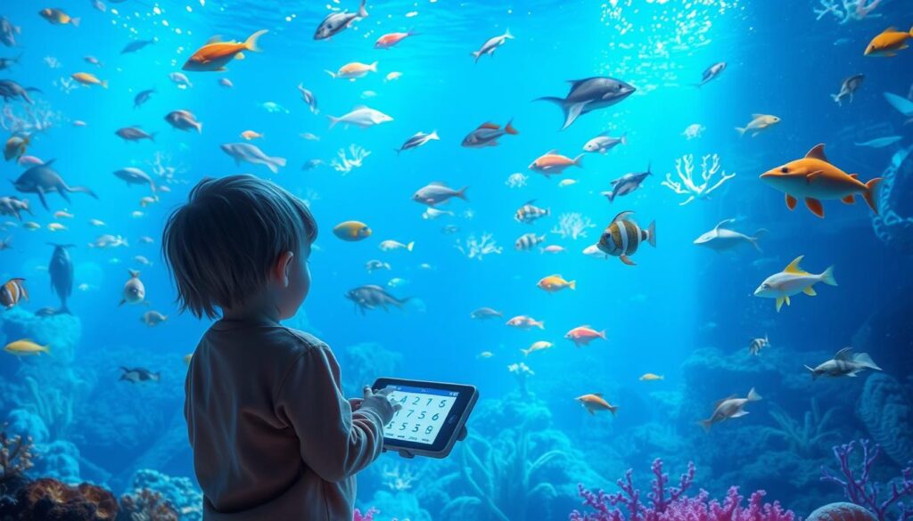 An image of an underwater scene with various creatures and a child counting them on a screen.