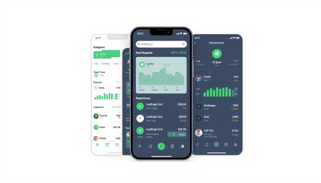 An image showing the AndroMoney app interface with features like budget tracking and real-time expense reports