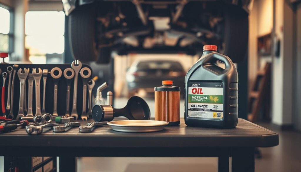 An oil change station in a modern, well-lit automotive workshop. On a sturdy workbench, an array of tools and supplies neatly arranged - wrenches, ratchets, a drain pan, a fresh oil filter, and a container of high-quality motor oil. In the background, the silhouette of a car's undercarriage, suggesting the next step of the process. Warm, diffused lighting casts a soft glow, evoking a sense of precision and care. The composition is balanced, highlighting the key steps of the oil change procedure in a visually appealing and informative manner.