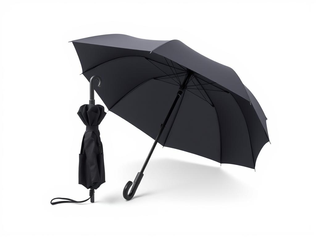 Compact travel umbrella suitable for Paris weather, shown both closed and open Compact travel umbrella suitable for Paris weather, shown both closed and open