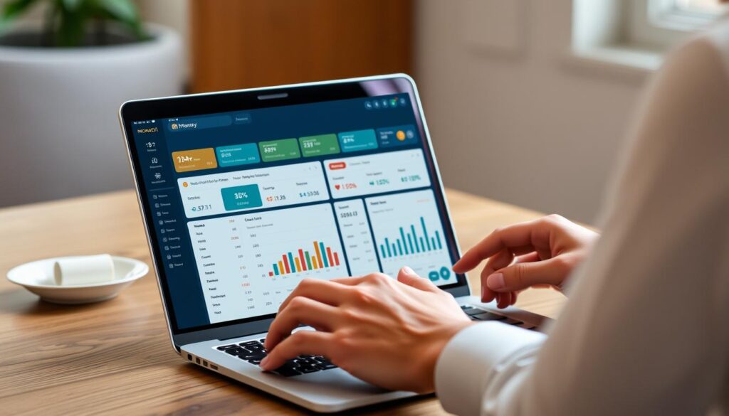 Create an image of a person using the Monarch Money app on their laptop, with a clear view of the app's dashboard showing various financial data and charts.