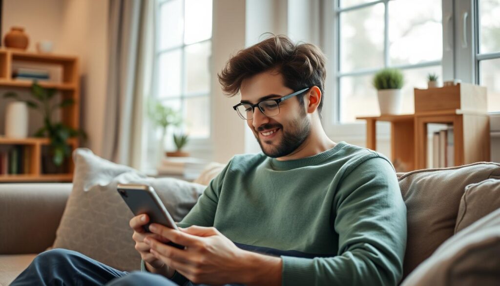 Create an image of a person using the YNAB app on their mobile device to manage their finances