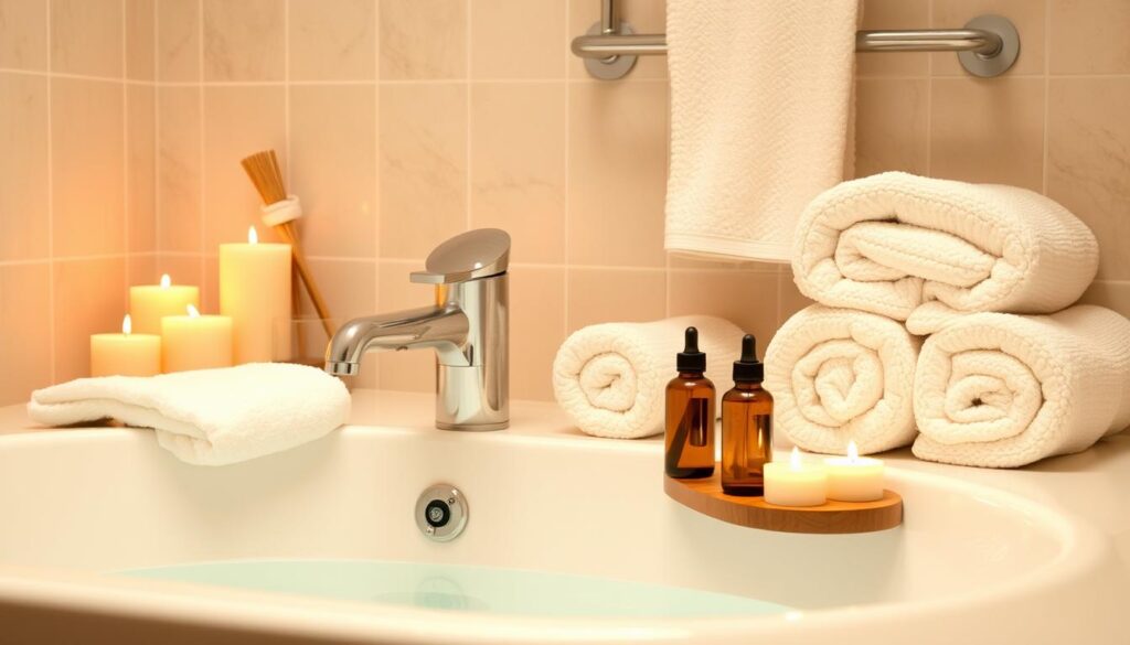 Create an image of a serene bathroom setup for a spa day at home, complete with candles, essential oils, and plush towels. Create an image of a serene bathroom setup for a spa day at home, complete with candles, essential oils, and plush towels.