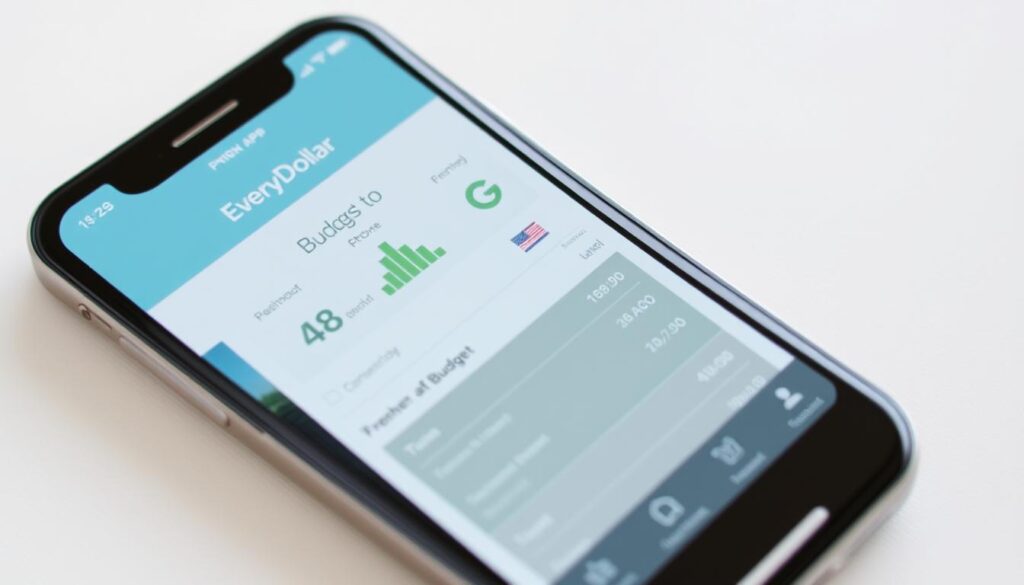 Create an image of the EveryDollar app interface on an iPhone, showing its budgeting feature.