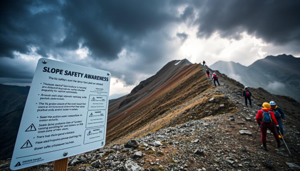 Dramatic mountain landscape with a winding trail leading up a steep slope. Hikers and climbers navigating the treacherous terrain, wearing safety gear like helmets and harnesses. In the foreground, a large "Slope Safety Awareness" sign with clear safety instructions and warnings. Dramatic, moody lighting with dark clouds and rays of sunlight peeking through. Wide-angle lens capturing the full scale and grandeur of the scene. Evokes a sense of the challenges and risks involved in outdoor adventures, emphasizing the importance of preparation and vigilance.