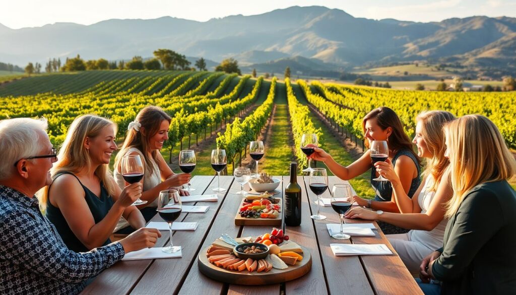 Friends enjoying a wine tasting experience at a vineyard Friends enjoying a wine tasting experience at a vineyard