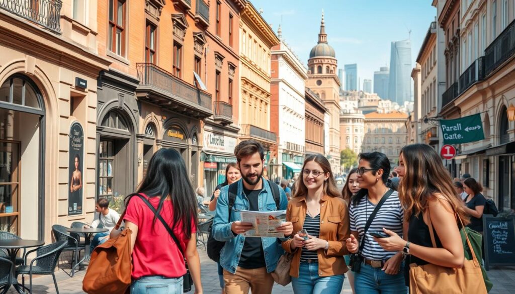 Friends exploring a vibrant city street with historic architecture Friends exploring a vibrant city street with historic architecture
