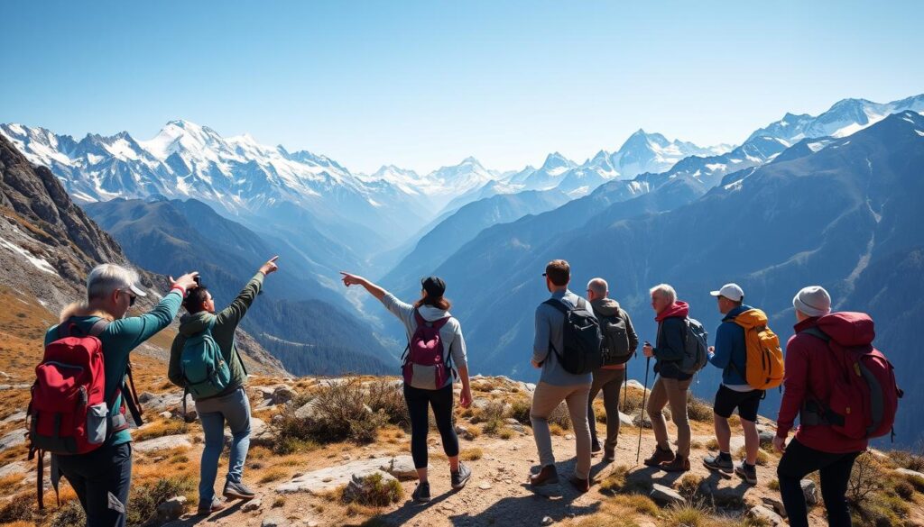Friends hiking together in mountains during a group trip Friends hiking together in mountains during a group trip