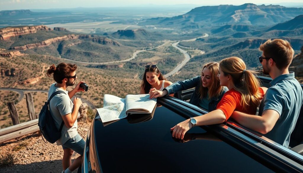 Friends on a road trip stopping at a scenic viewpoint with their car Friends on a road trip stopping at a scenic viewpoint with their car