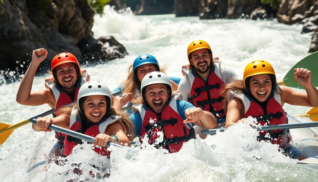 Friends white water rafting together during an adventure trip Friends white water rafting together during an adventure trip