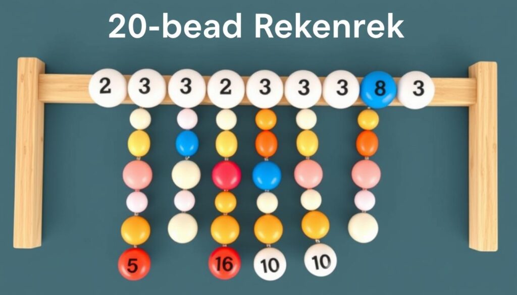 Generate an image of a 20 bead Rekenrek, a teaching tool with beads organized in groups of 5 and 10, helping children visualize numbers and learn basic arithmetic operations.