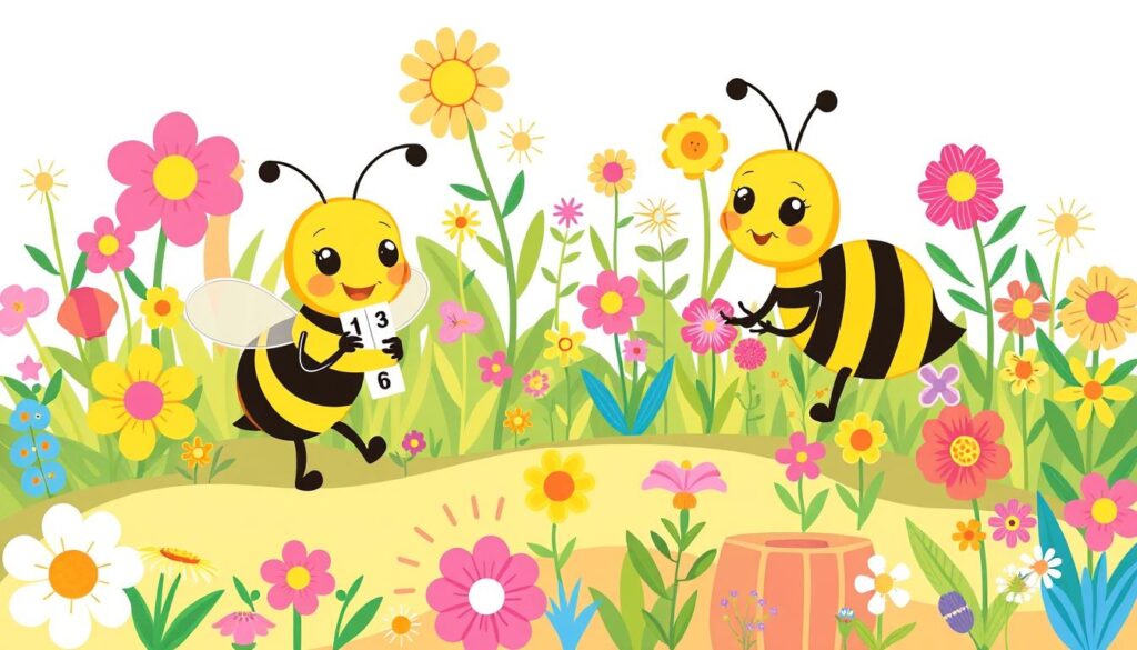 Generate an image of a bee character in a garden with numbers and counting activities.