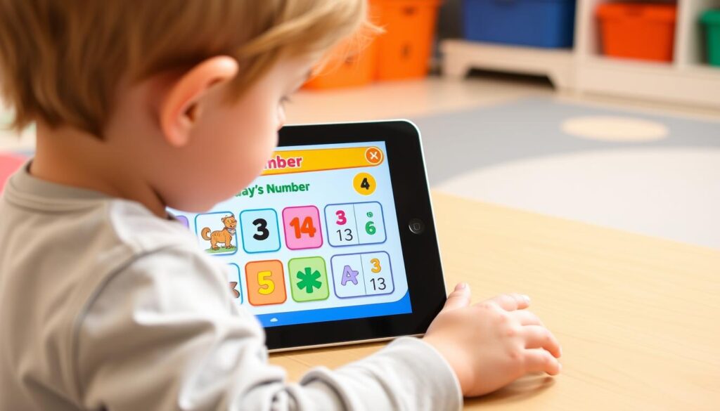 Generate an image of a child engaging with a digital &quot;Today's Number&quot; game on a tablet, with various number-related activities displayed on the screen.