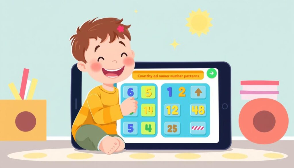 Generate an image of a child engaging with a digital counting and number patterns game on a tablet, with a fun and interactive interface.