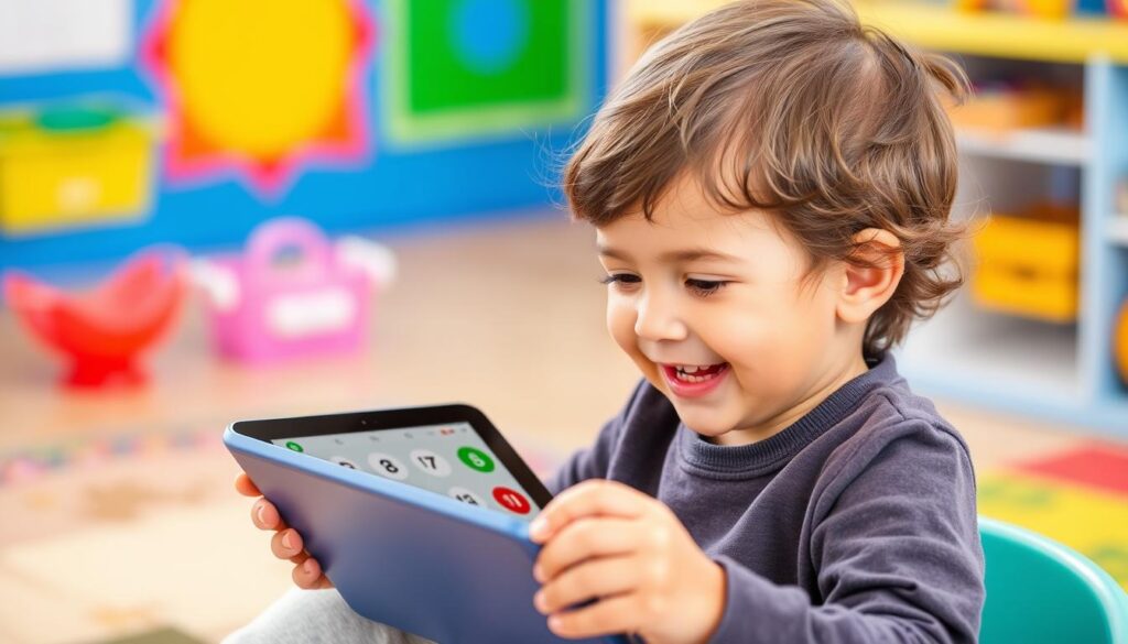 Generate an image of a child engaging with a number recognition app on a tablet. Generate an image of a child engaging with a number recognition app on a tablet.