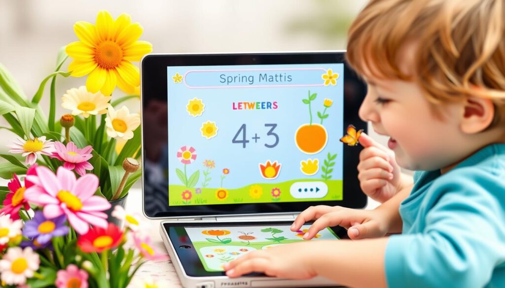 Generate an image of a child engaging with a spring-themed math activity on a digital device.