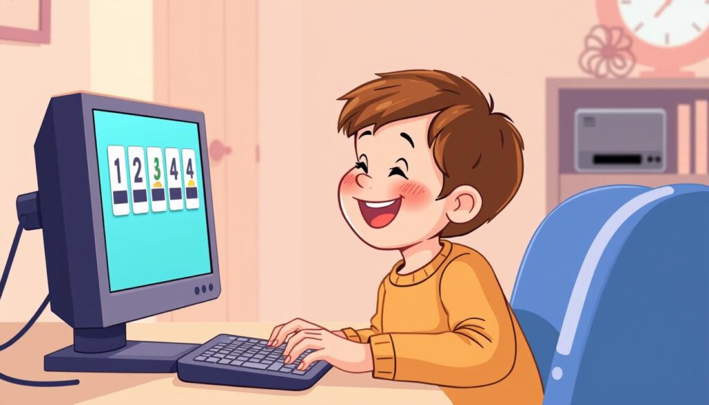 Generate an image of a child engaging with the Number Play game on a computer, with ten frames displayed on the screen.