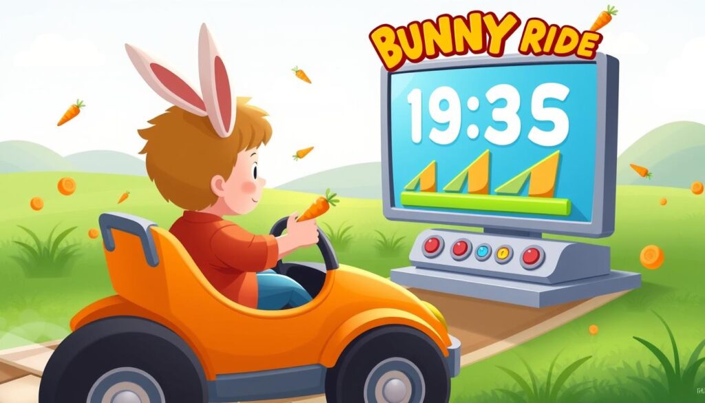 Generate an image of a child playing Bunny Ride on a computer, with a character driving a car and collecting carrots while numbers count up on the screen.