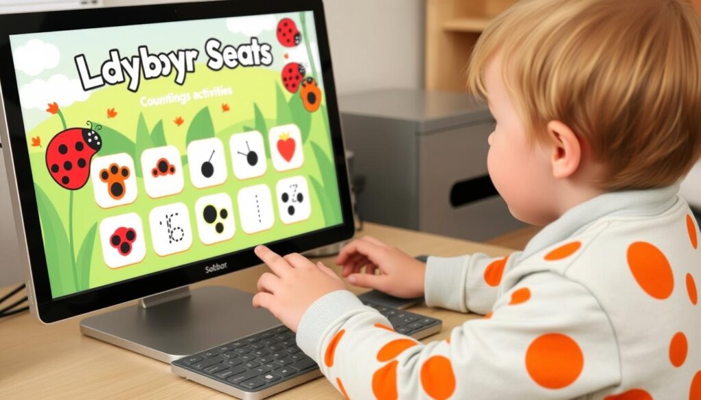 Generate an image of a child playing &quot;Ladybird Spots&quot; on a computer, with a ladybird-themed interface displaying various counting activities.