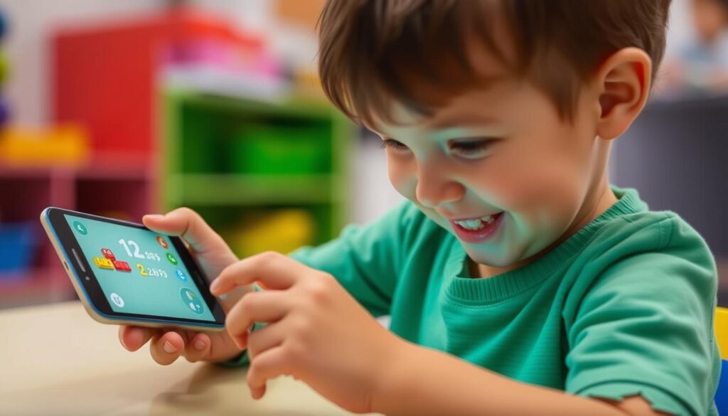 Generate an image of a child using a digital game to count by a specific number, such as counting by 2s or 5s, on a phone.