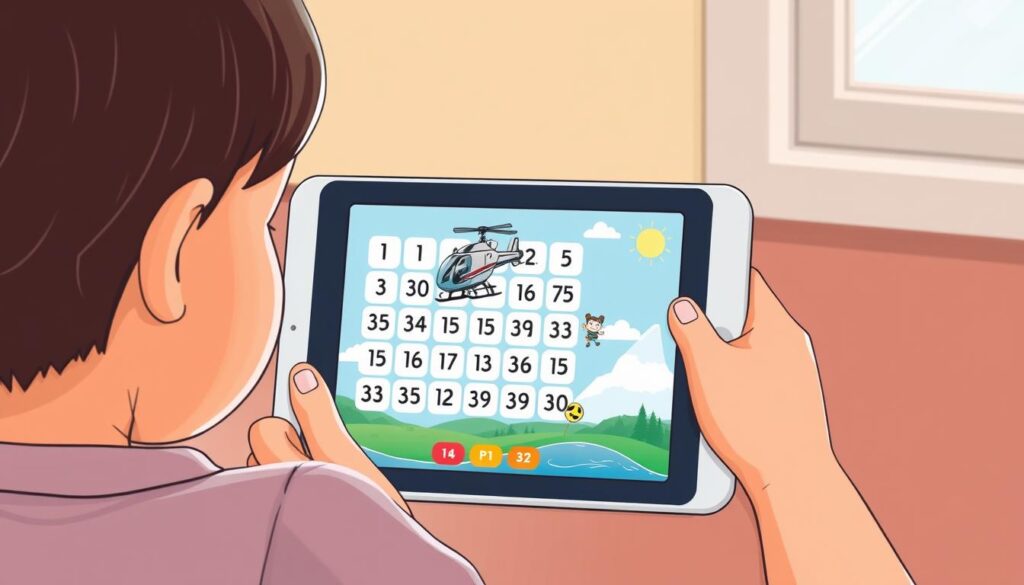 Generate an image of a child using a tablet to play Helicopter Rescue, with a number square on the screen and a helicopter rescuing people.