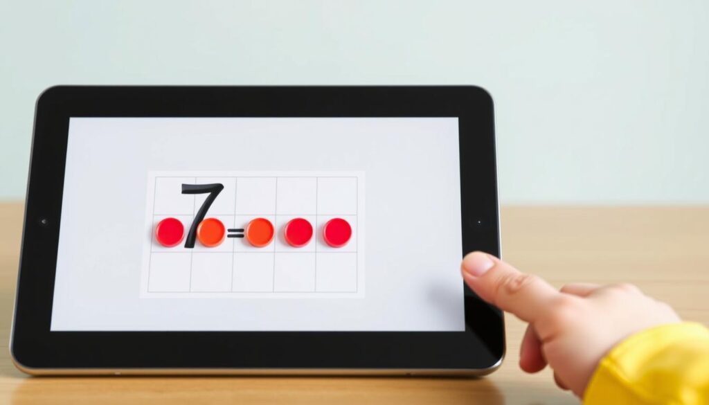 Generate an image of a digital Ten Frame Modeller tool on a tablet screen, with counters arranged to represent the number 7.