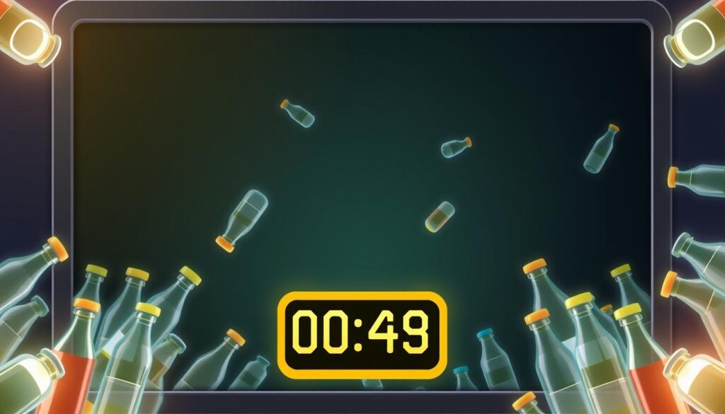 Generate an image of a digital game interface showing bottles being removed one by one, with a count displayed on the screen.