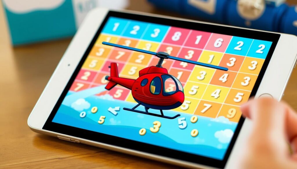 Generate an image of a helicopter rescue game on a tablet, with a number grid in the background and a chopper picking up numbers.
