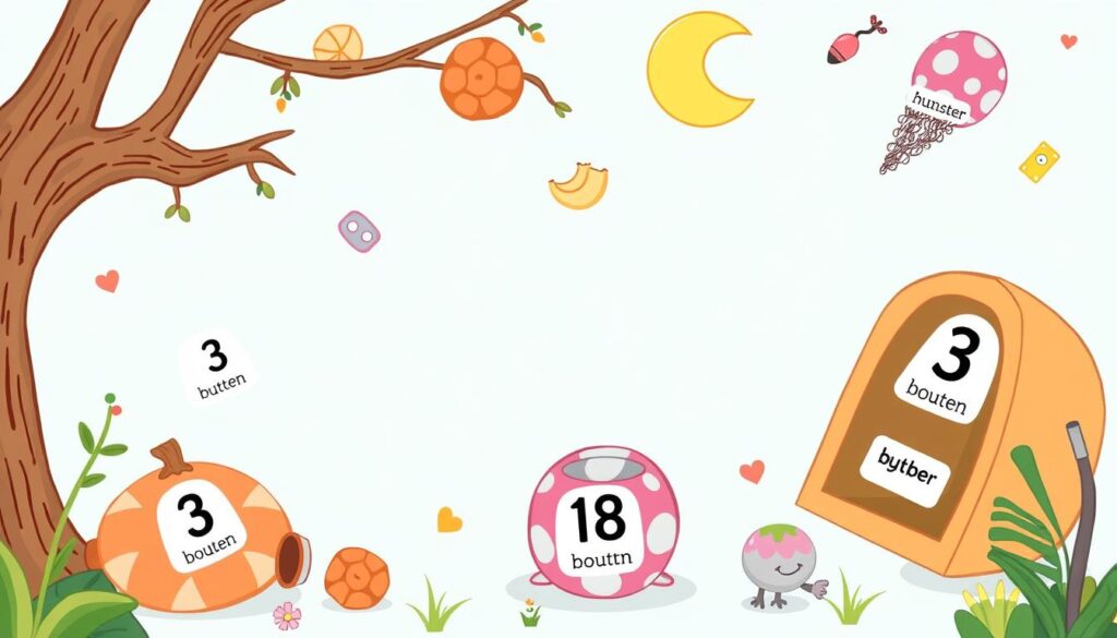 Generate an image of a hide and seek environment with numbers and corresponding number words hidden among various objects.