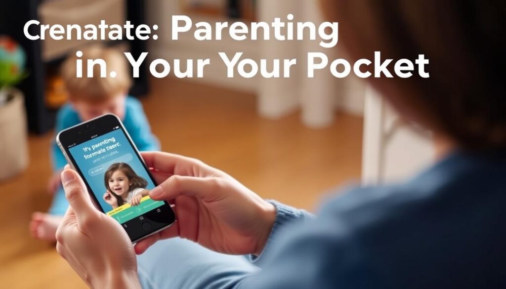 Generate an image of a parent using the Parenting-In-Your-Pocket mobile app on their smartphone, with a child in the background.