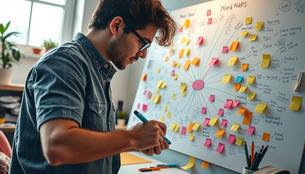 Generate an image of a person creating a mind map on a large canvas with colorful markers.