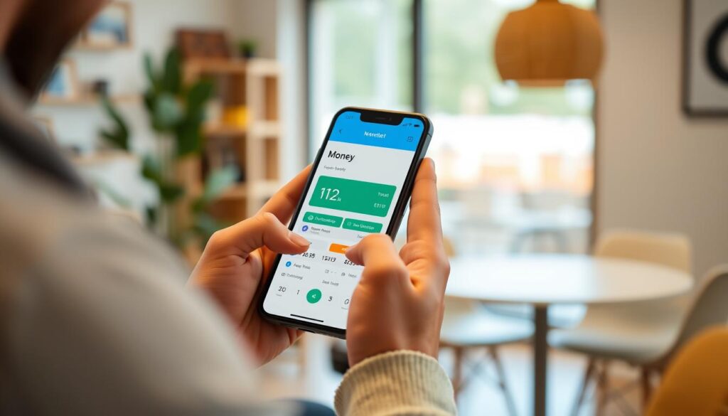 Generate an image of a person using NerdWallet Money Tracker on their smartphone.