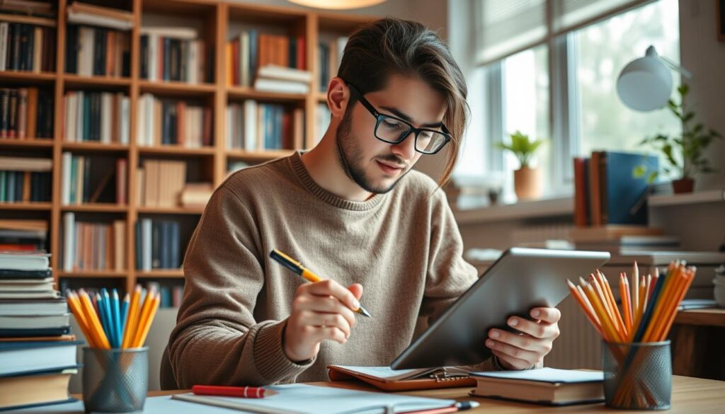 Generate an image of a person using a digital tablet for note-taking.