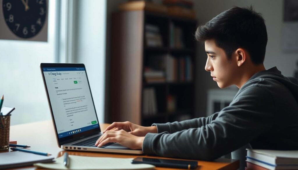 Generate an image of a student using Chegg Study on their laptop to get help with a homework problem.