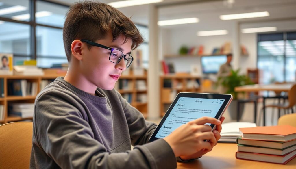 Generate an image of a student using Quizlet on their tablet to study vocabulary.