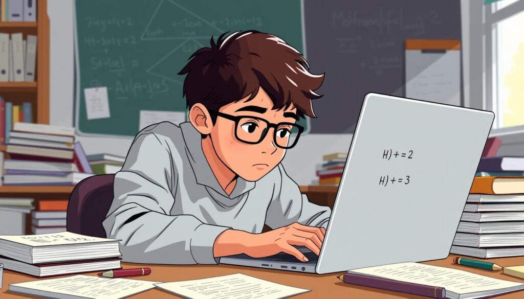 Generate an image of a student using Wolfram Alpha on their laptop to solve a complex math problem.