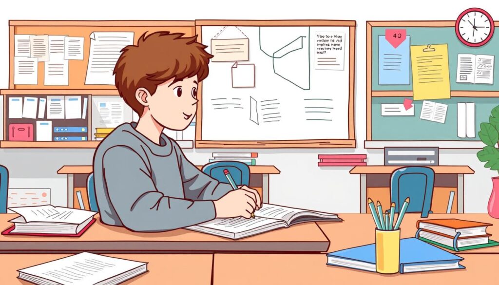 Generate an image of a student using the Cornell Note-Taking Method in a classroom setting.