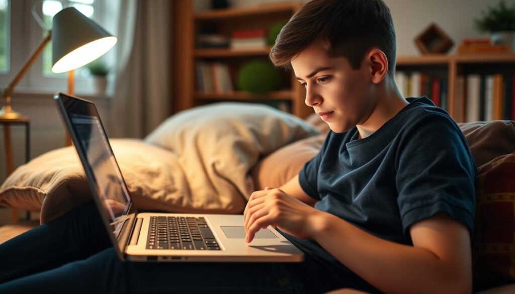 Generate an image of a student watching a Khan Academy video lesson on mathematics.