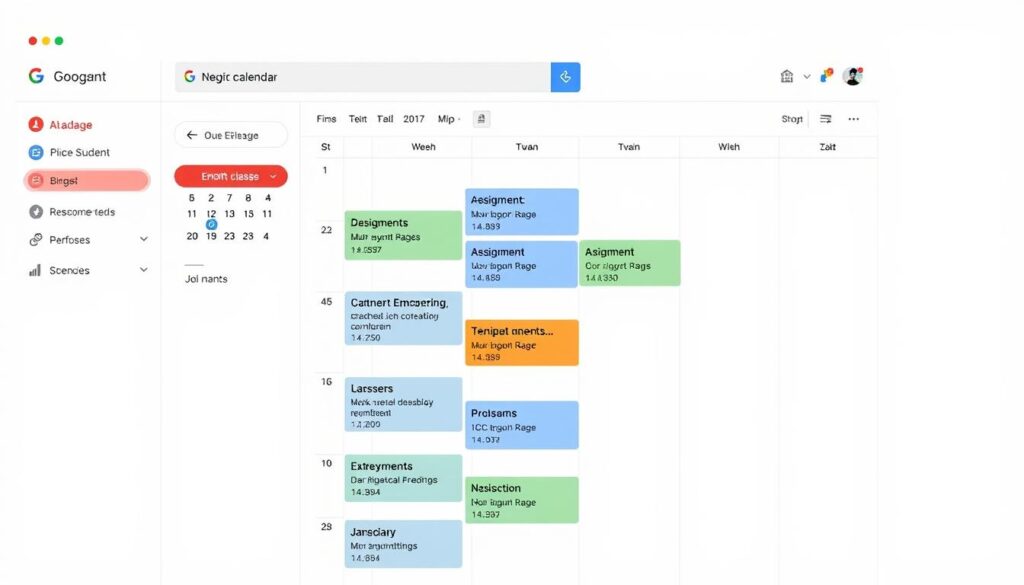 Generate an image of a student's Google Calendar interface with color-coded events.