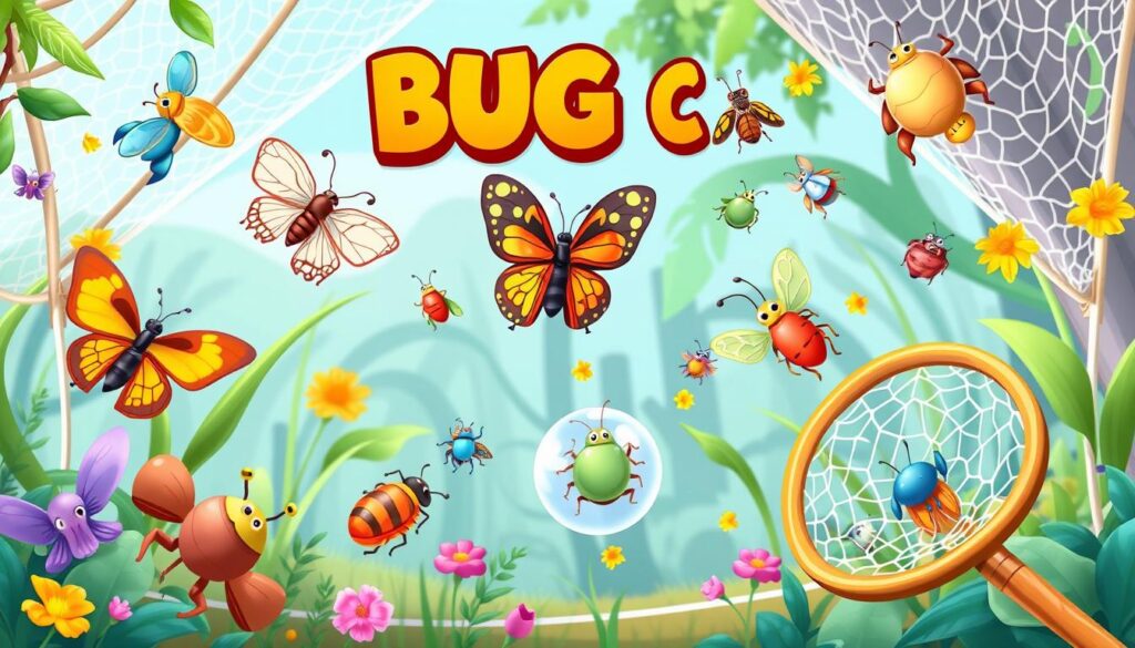 Generate an image of a virtual bug catcher game with bugs of different colors.