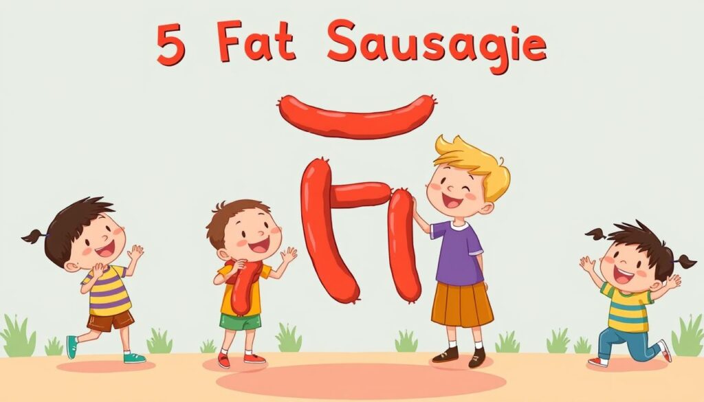 Generate an image of children acting out the &quot;5 Fat Sausages&quot; rhyme, with sausages being counted down.
