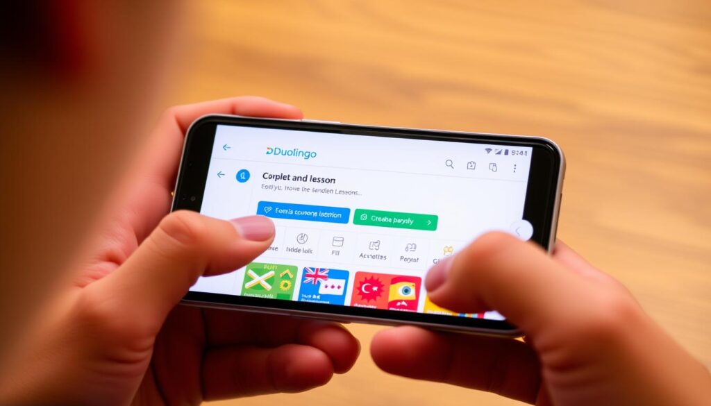 Generate an image of the Duolingo app interface on a mobile device, showing a user completing a language lesson.
